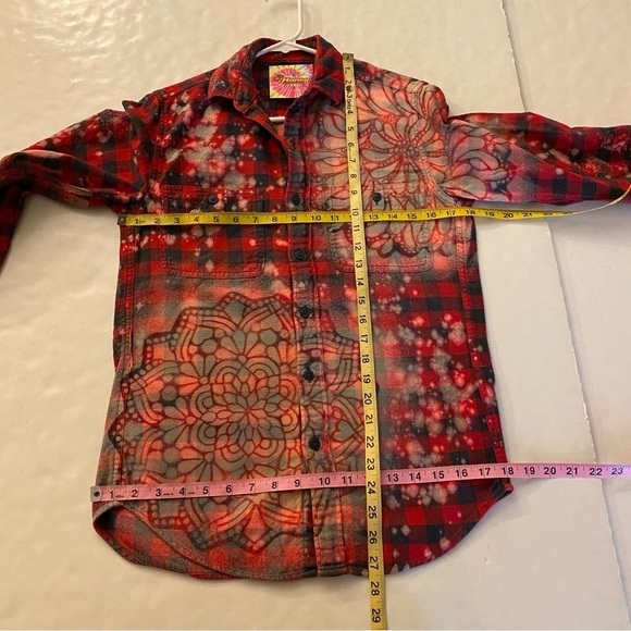 Handmade Floral Flannel Shirt Womens XS Bleached Plaid Button Down Red Upcycled - Picture 6 of 8